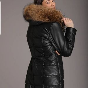 Danier car length down filled leather winter coat with fur new with tags